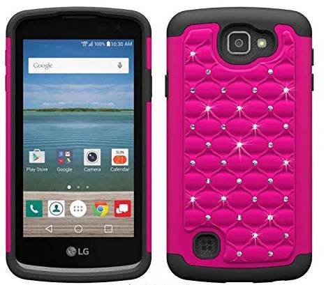 LG Optimus Zone 3 Cases | LG K4 Cases | LG Spree Cases | LG Rebel Cases, Crystal Rhinestone Slim Hybrid Dual Layer Case Cover - Hot Pink/Black