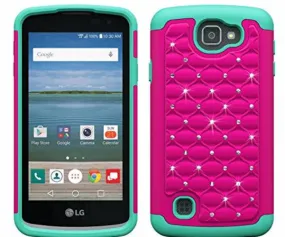 LG Optimus Zone 3 Cases | LG K4 Cases | LG Spree Cases | LG Rebel Cases, Crystal Rhinestone Slim Hybrid Dual Layer Case Cover - Hot Pink/Teal