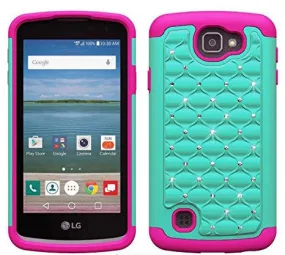 LG Optimus Zone 3 Cases | LG K4 Cases | LG Spree Cases | LG Rebel Cases, Crystal Rhinestone Slim Hybrid Dual Layer Case Cover - Teal/Hot Pink