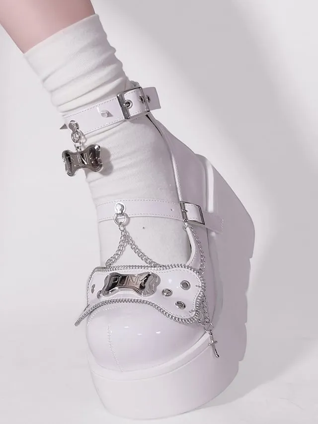 Metal Bones Decorated White Platforms Punk Shoes