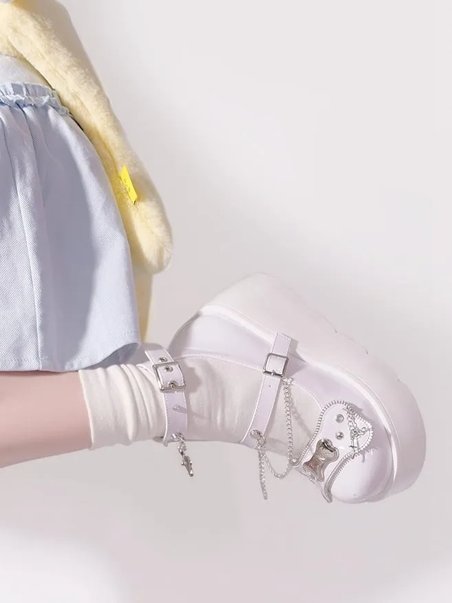 Metal Bones Decorated White Platforms Punk Shoes