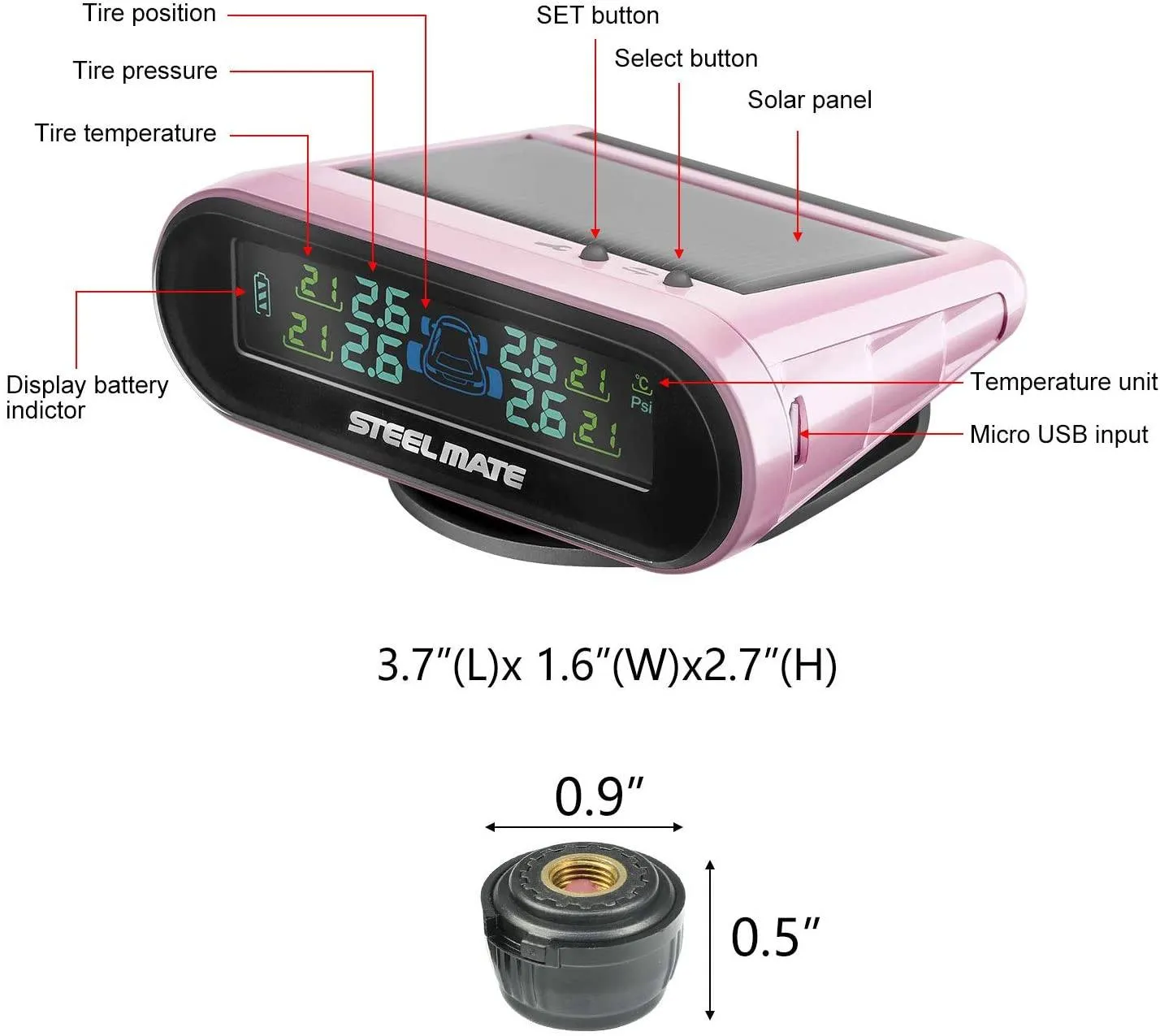 Mini One-s Pink Multi-Function Tire Pressure Monitoring System Auto Backlight Sleep Awake