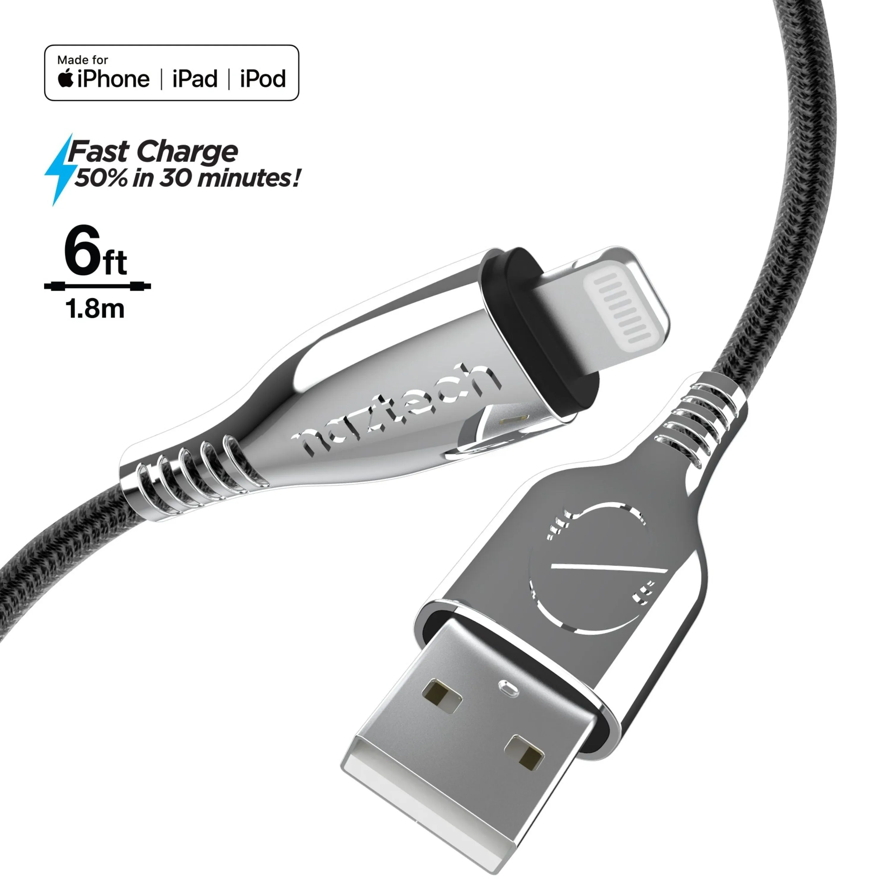 Naztech Titanium USB to MFi Lightning Braided Cable 6ft Black