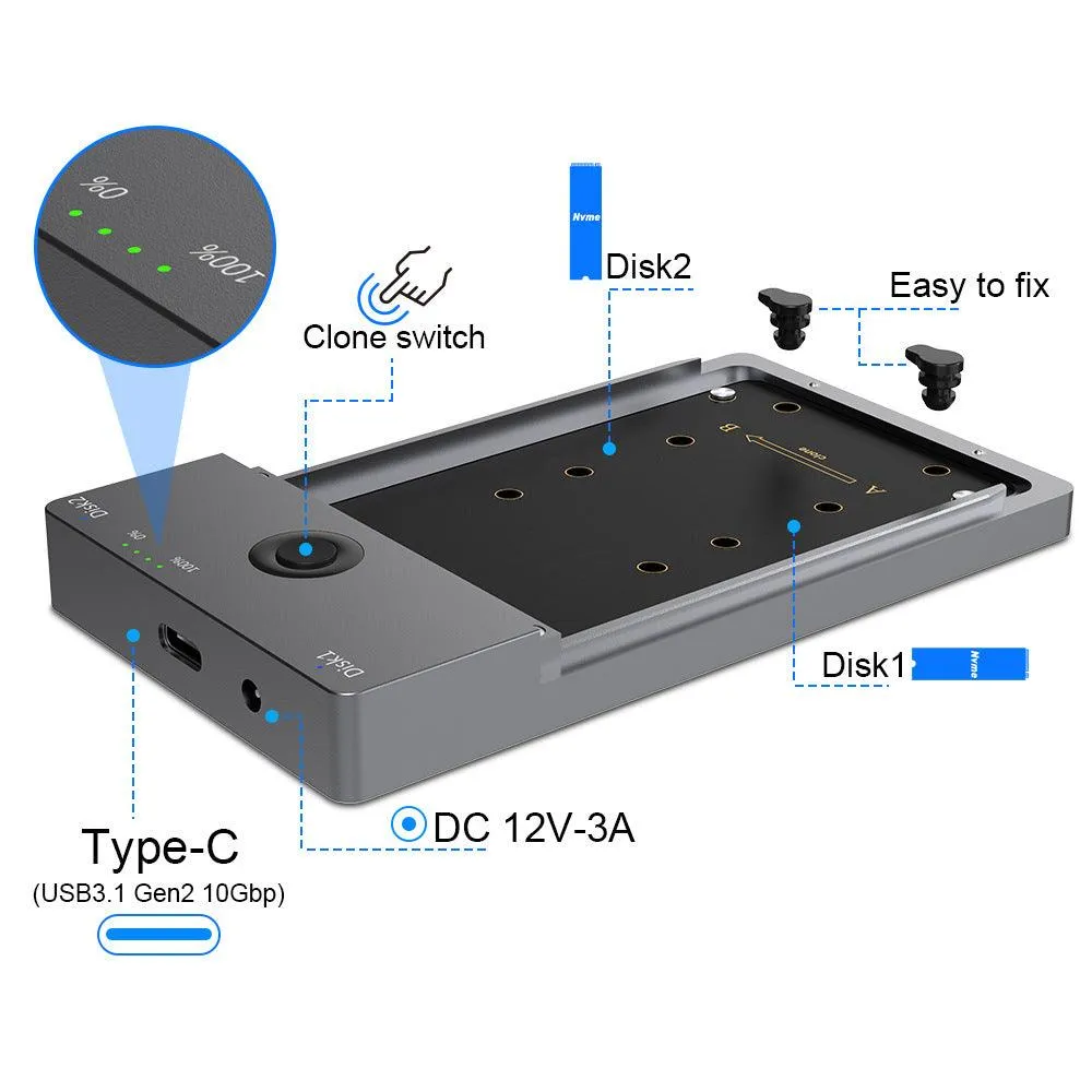 NVMe M.2 Dual-Bay Offline Clone Hard Drive Enclosure