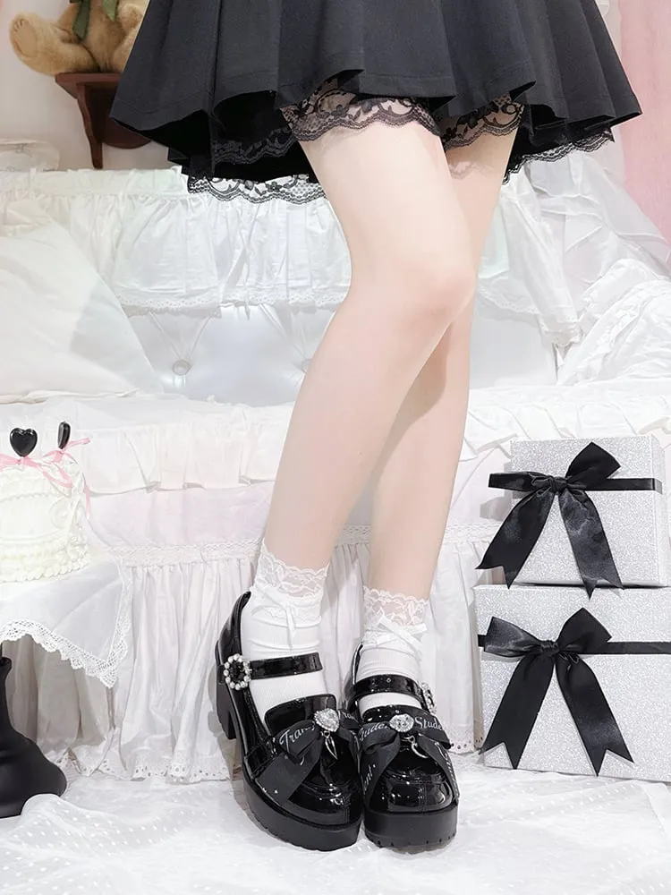 Polished Black Heart-Shaped Rhinestone Bow at Top Block Heel Mary Janes