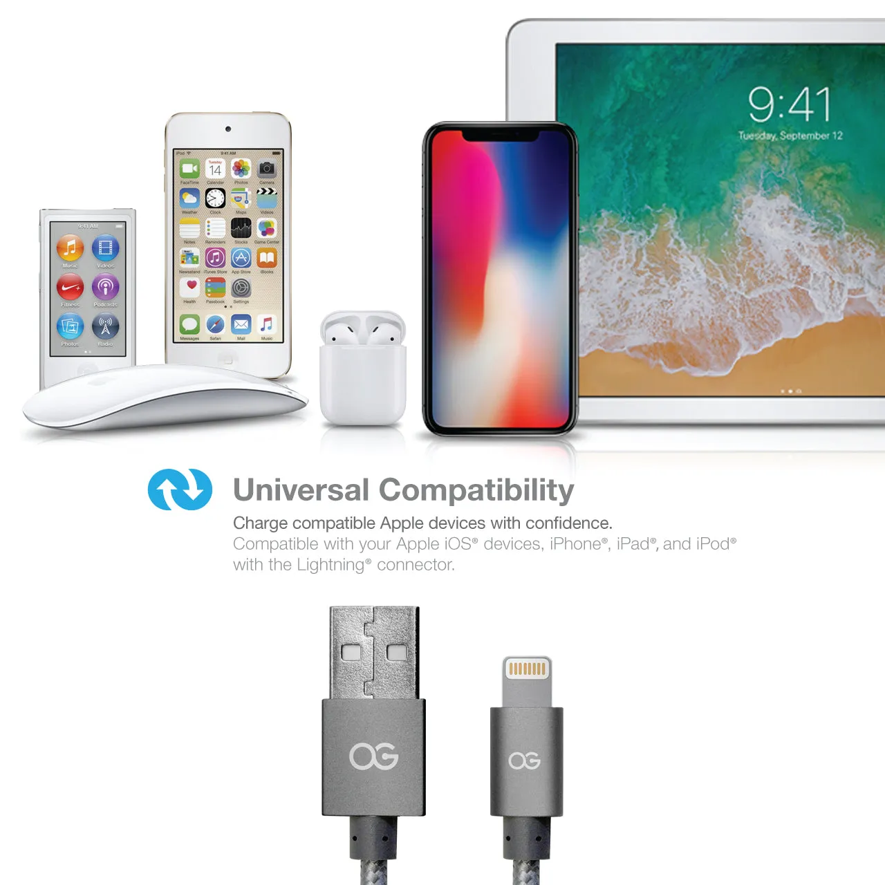Premium High Speed Apple® MFi Certified Lightning® to USB Charge & Sync Cable, 3ft, Gray