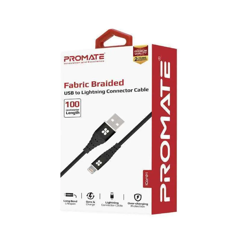Promate 2.4A Data Sync Charge USB to Lightning Cable 1m Black