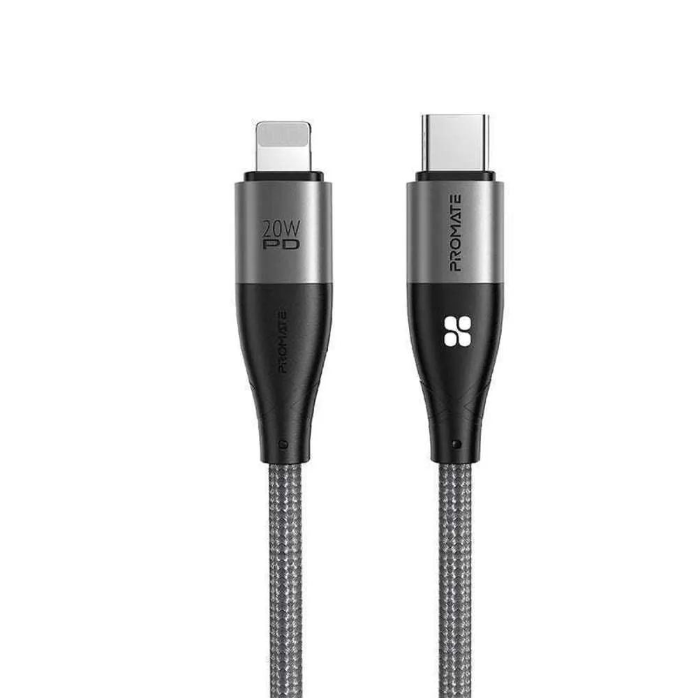 Promate High Strength Nylon USB-C to Lightning Cable 20W Black