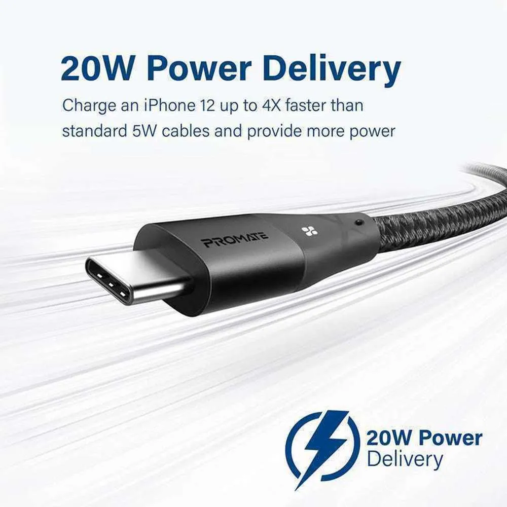Promate High Strength Nylon USB-C to Lightning Cable 20W Black
