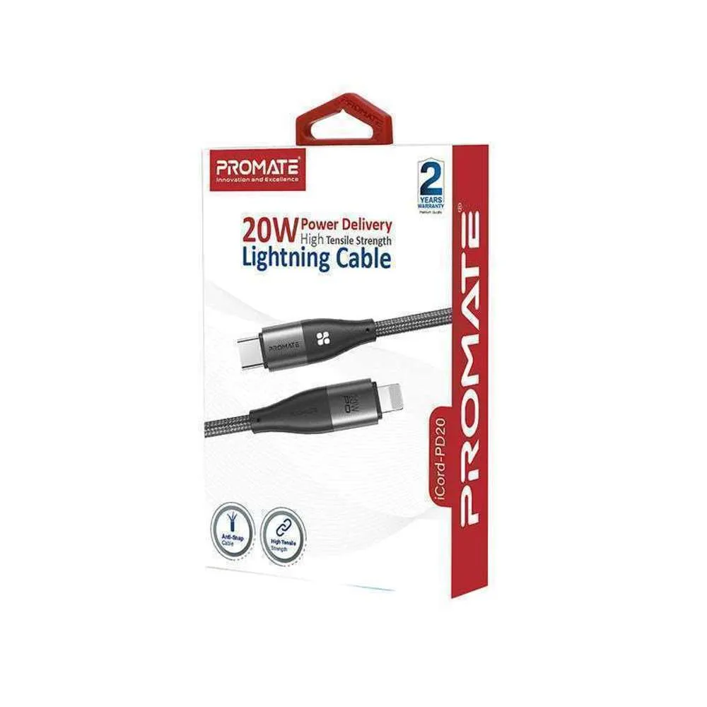 Promate High Strength Nylon USB-C to Lightning Cable 20W Black