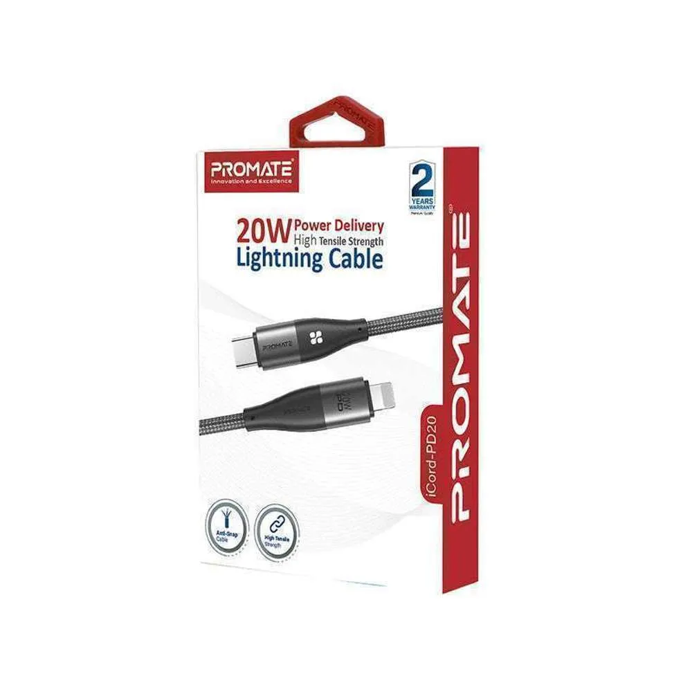 Promate High Strength Nylon USB-C to Lightning Cable 20W Grey