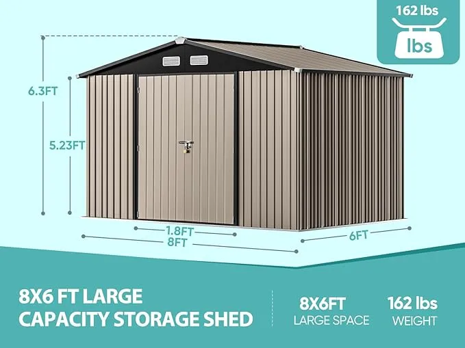SANNWSG Metal Storage Shed,Outdoor Storage Building 8x6,Large Backyard Sheds with Lockable Doors,Waterproof Outside Storage Sheds