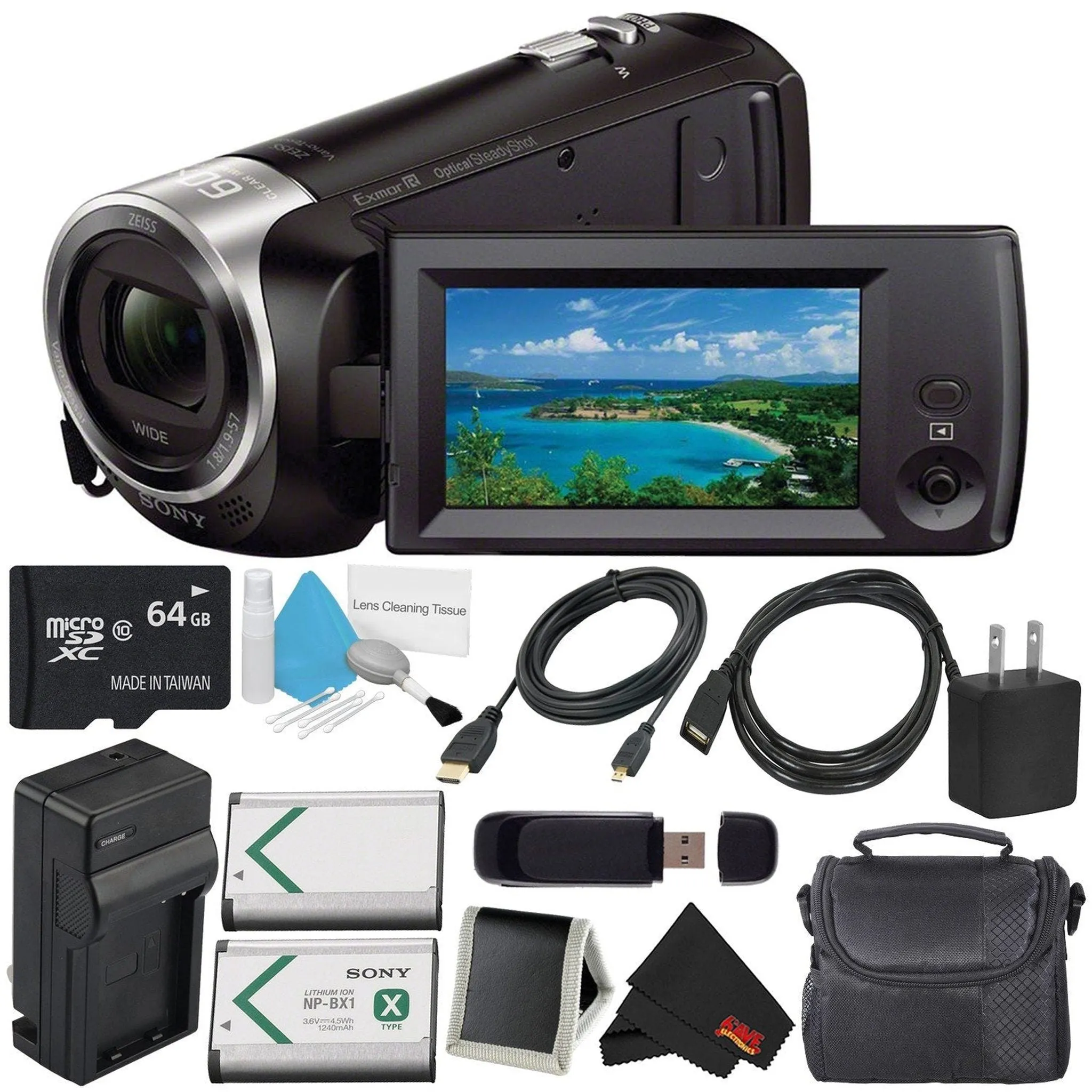 Sony HDR-CX405 HD Handycam HDRCX405/B   64GB microSDXC   Carrying Case   Deluxe Cleaning Kit Bundle