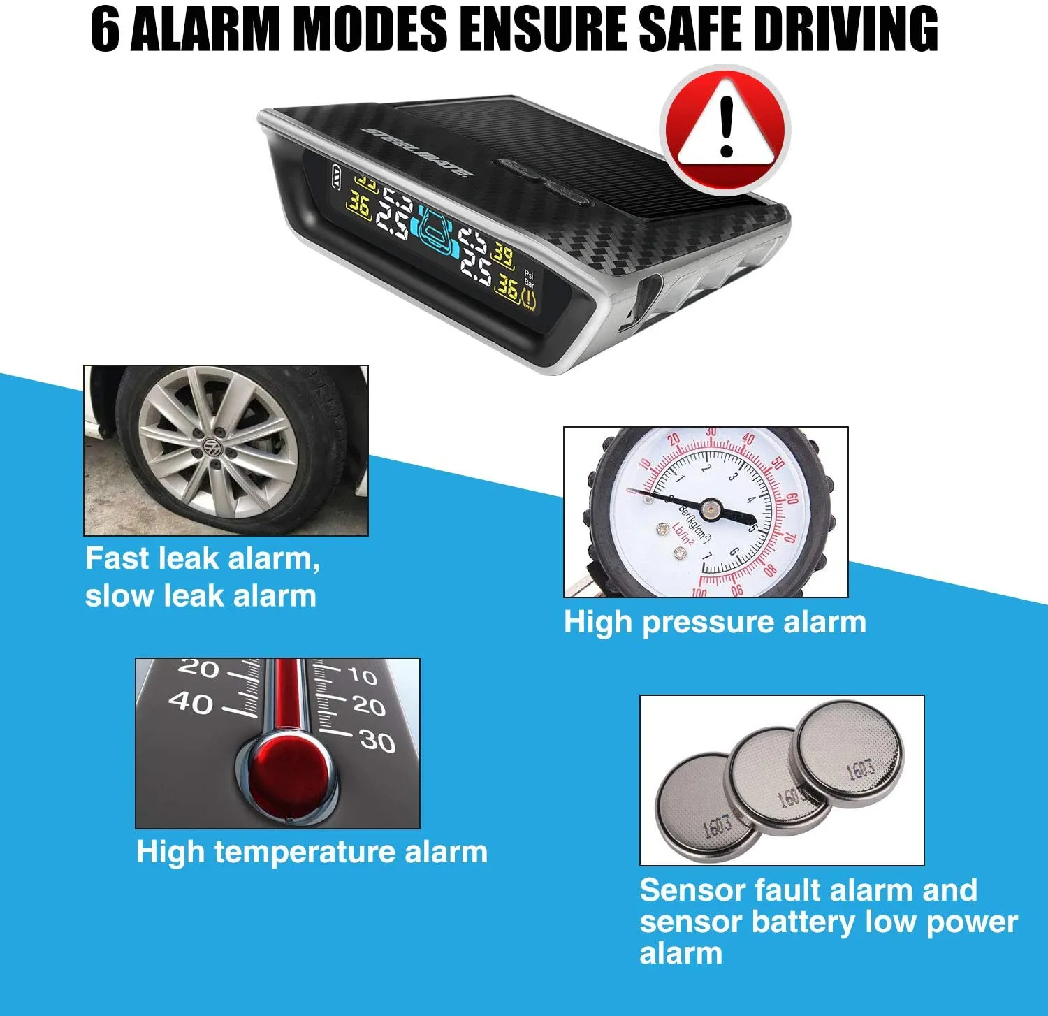 STEEL MATE Tire Pressure Monitoring System for RV Car - Solar Charge, Carbon Fiber Appearance, Auto Backlight & Sleep & Awake Mode