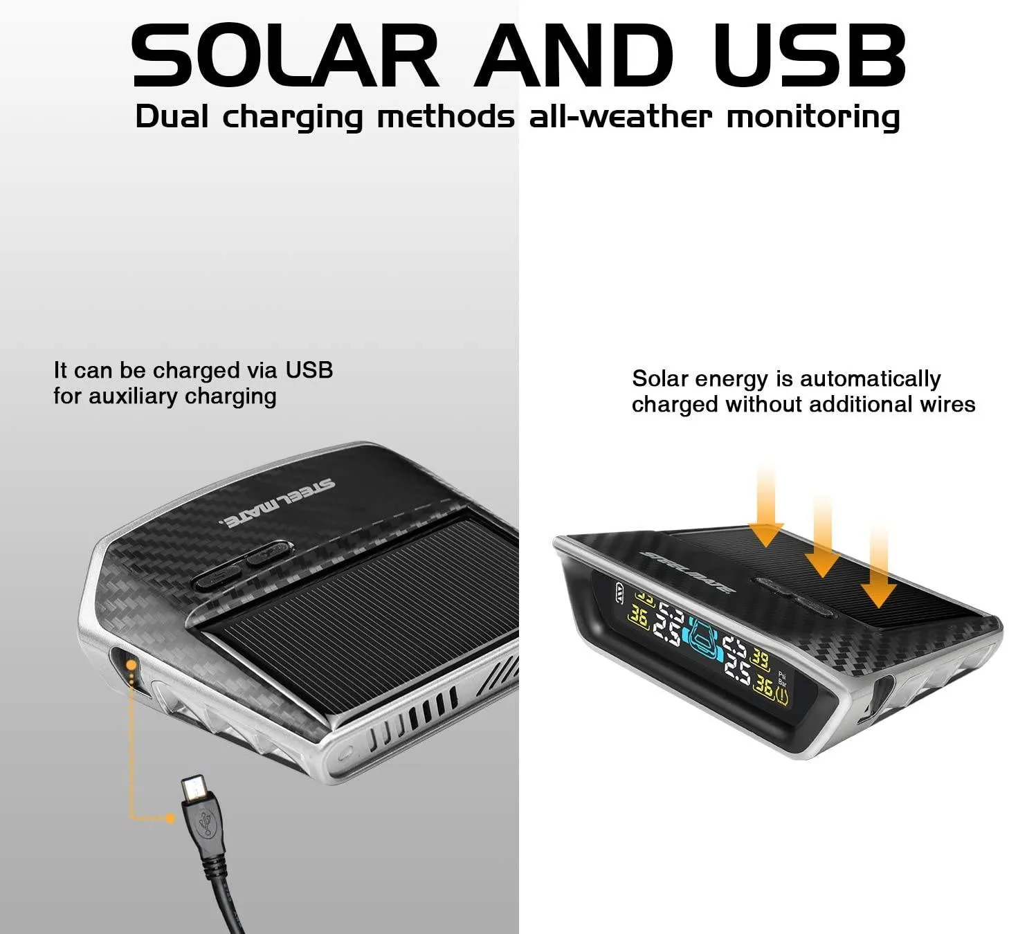 STEEL MATE Tire Pressure Monitoring System for RV Car - Solar Charge, Carbon Fiber Appearance, Auto Backlight & Sleep & Awake Mode