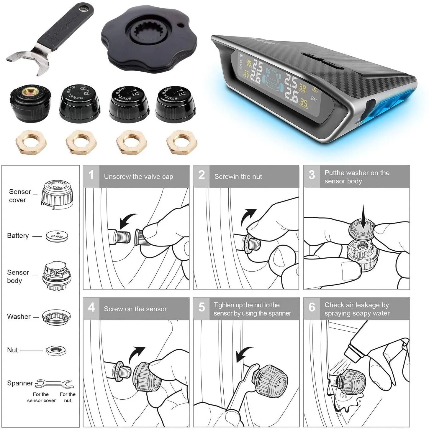 STEEL MATE Tire Pressure Monitoring System for RV Car - Solar Charge, Carbon Fiber Appearance, Auto Backlight & Sleep & Awake Mode
