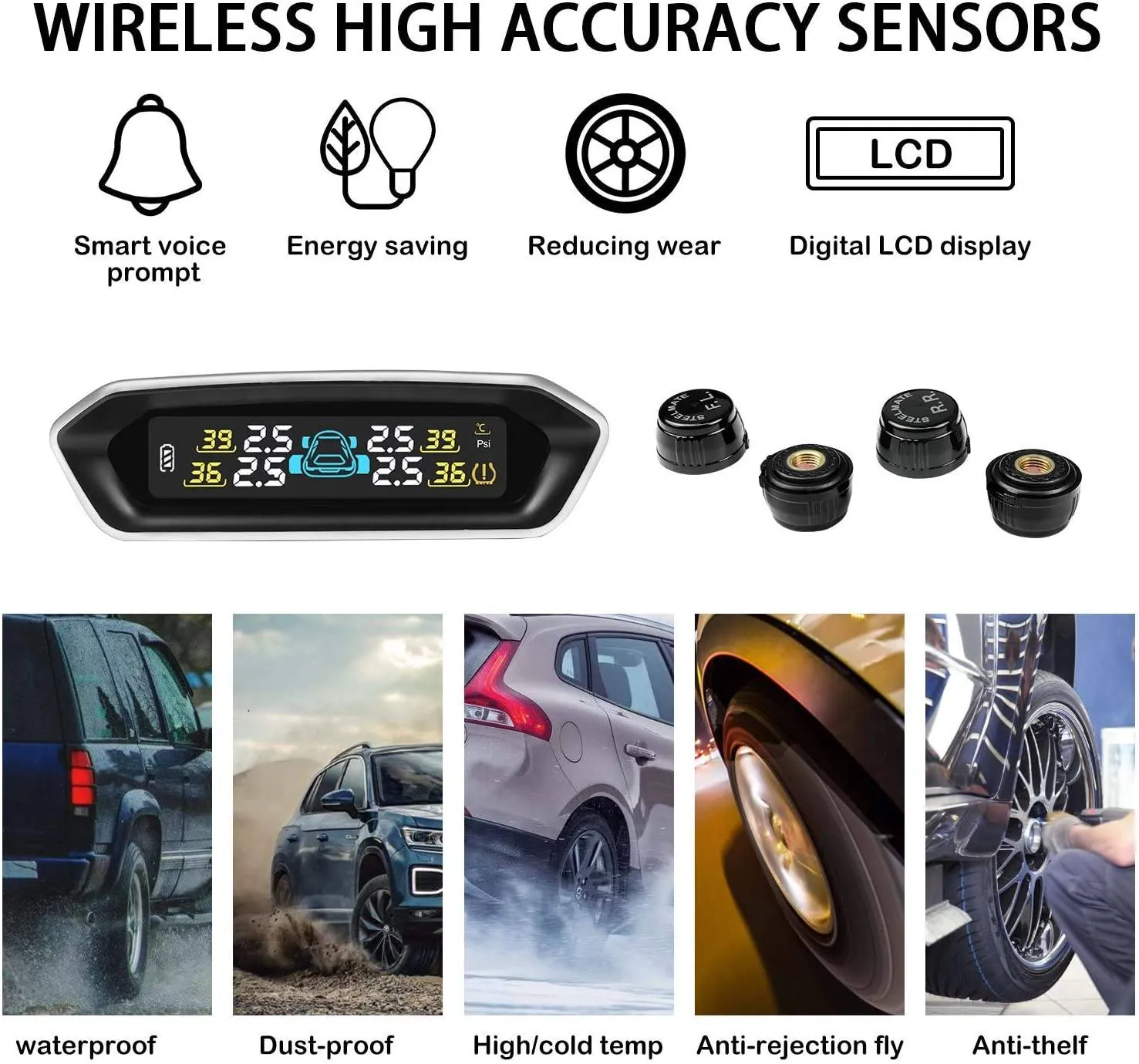 STEEL MATE Tire Pressure Monitoring System for RV Car - Solar Charge, Carbon Fiber Appearance, Auto Backlight & Sleep & Awake Mode