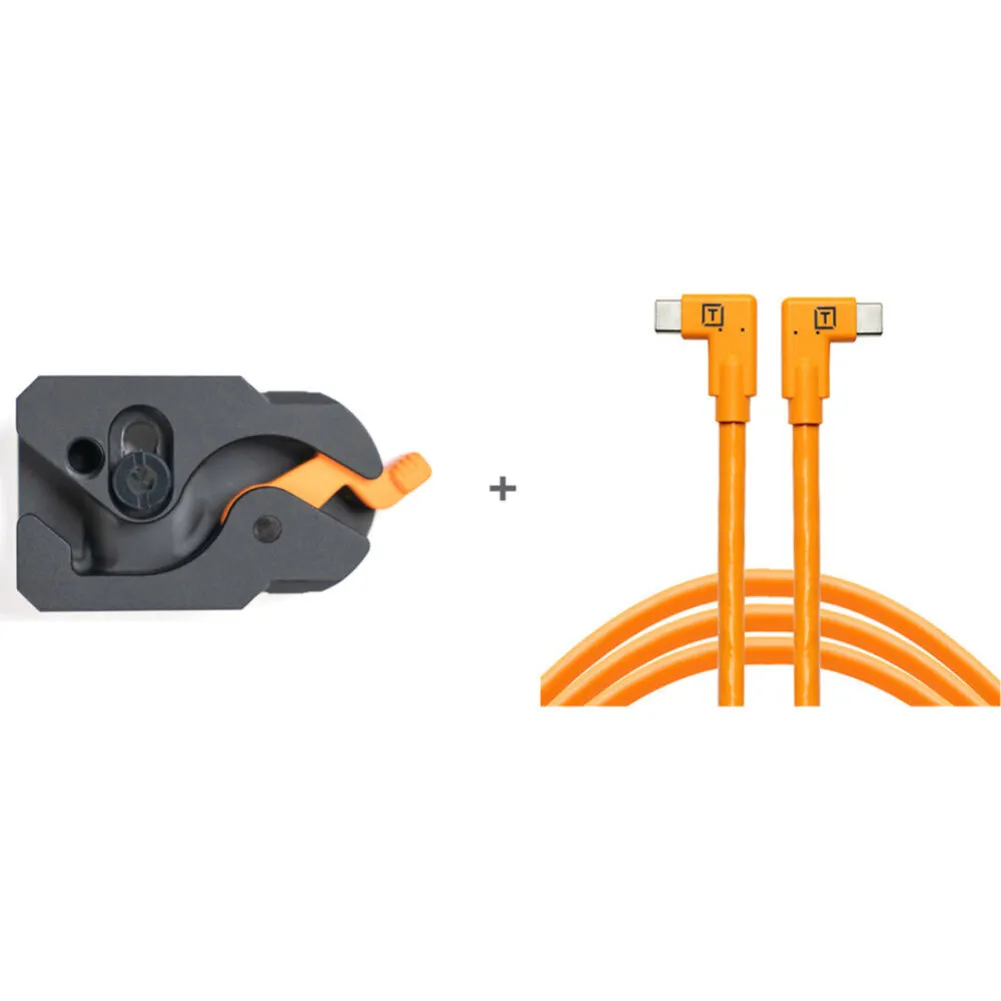 Tether Tools TetherGuard LeverLock Plate & TetherPro Dual Right-Angle USB-C Cable Kit (15', High-Visibility Orange) - Bundle