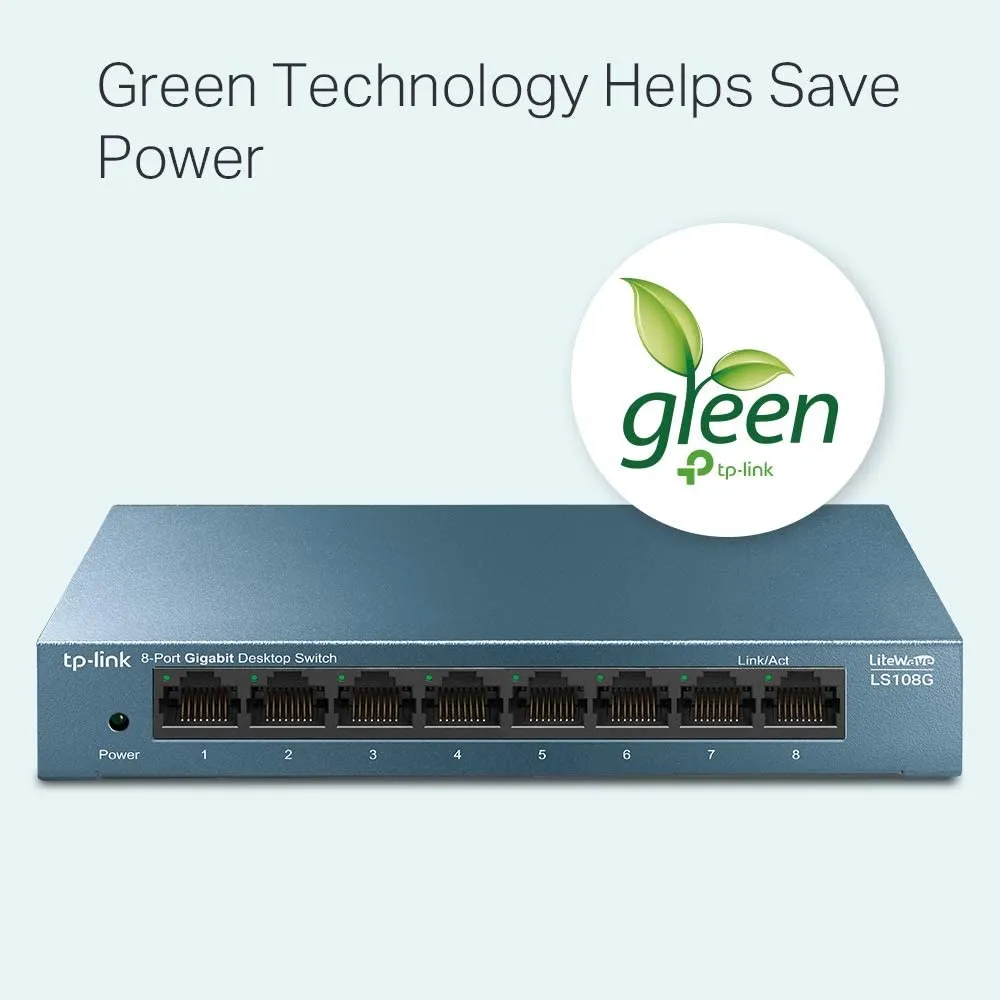 TP-LINK (LS108G) 8-Port Gigabit Unmanaged Desktop LiteWave Switch, Steel Case, Plug and Play, Network Splitter, Desktop/Wallmount Ethernet Hub