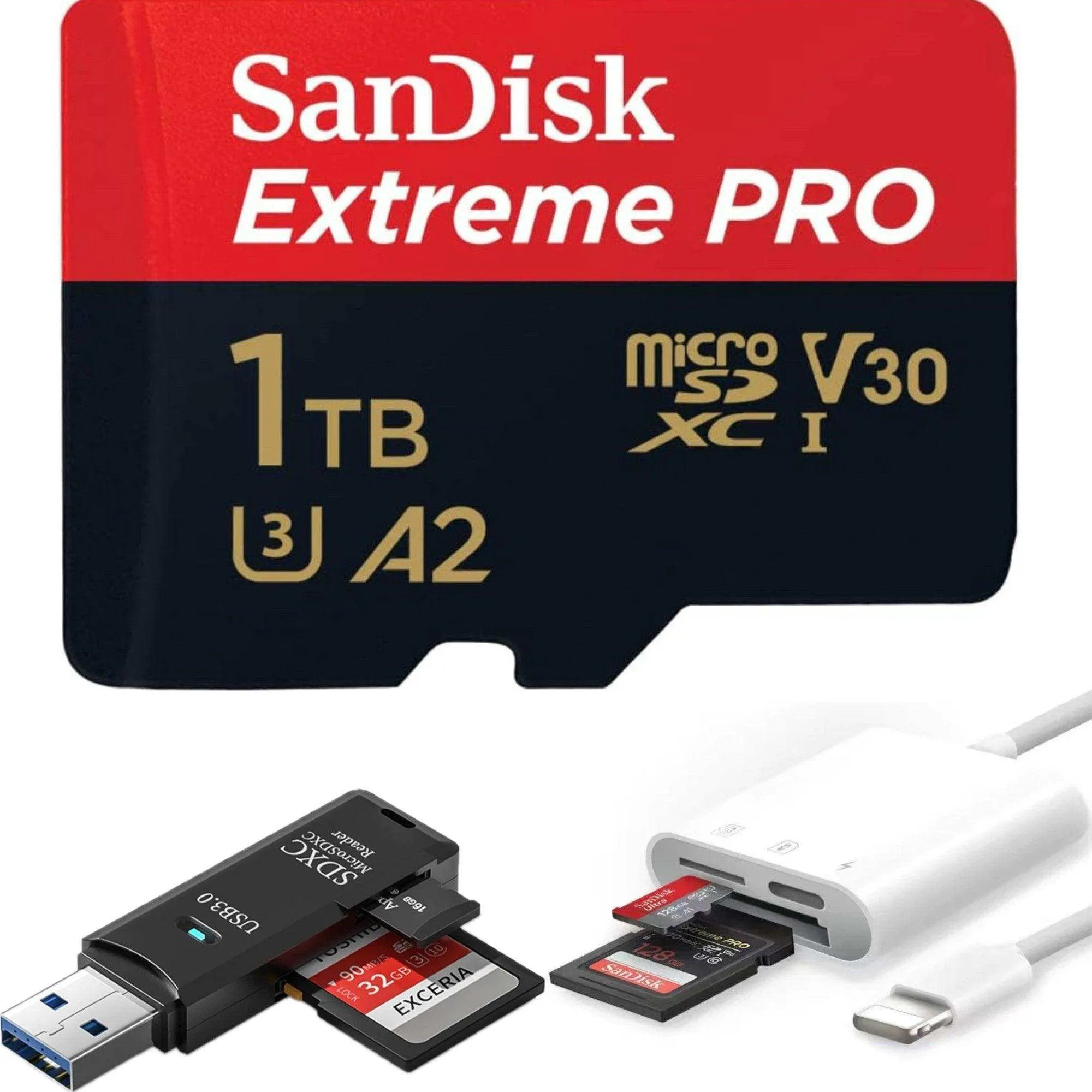 TUTT 3 in 1 | SanDisk 64/128/256/512GB 1TB Ultra microSDXC MicroSD Memory Card Up to 120MB/s, Full HD A1   Lightning to SD Card iPhone iPad   2-in-1 SD Card Reader USB3.0 5Gbps