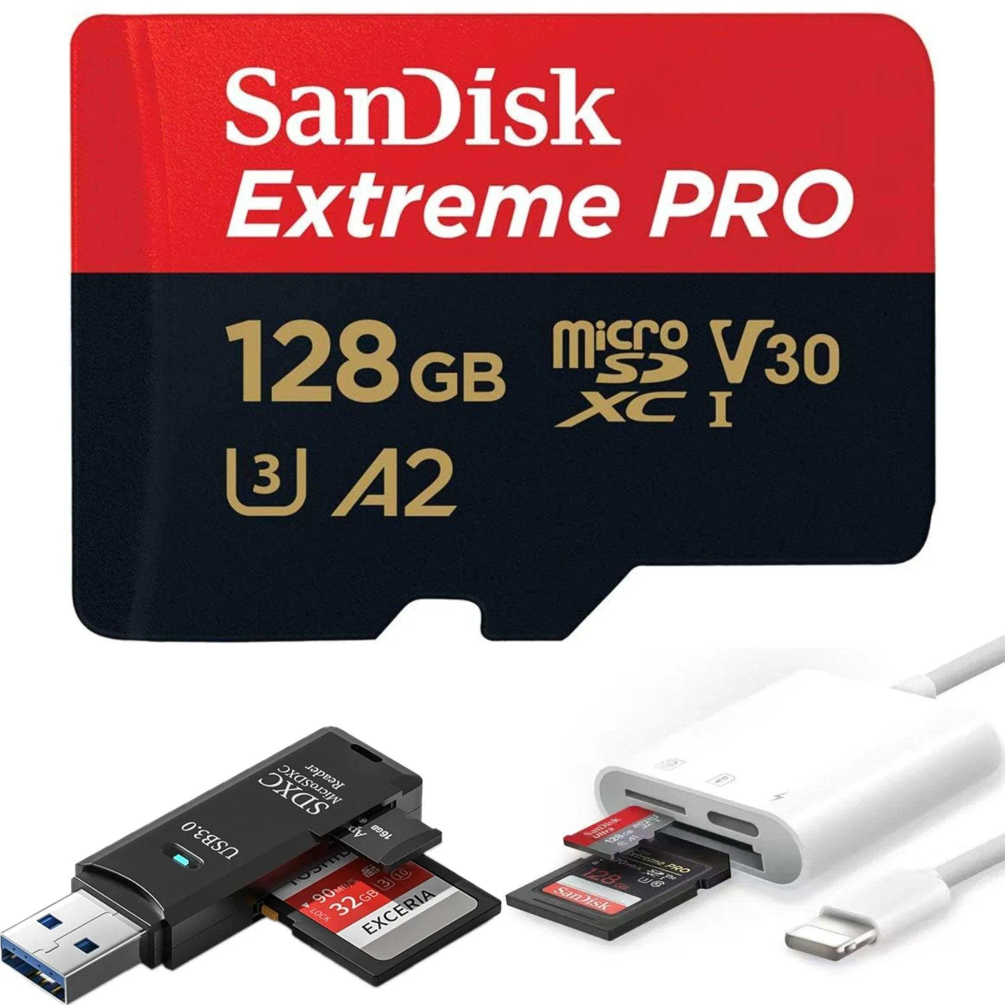 TUTT 3 in 1 | SanDisk 64/128/256/512GB 1TB Ultra microSDXC MicroSD Memory Card Up to 120MB/s, Full HD A1   Lightning to SD Card iPhone iPad   2-in-1 SD Card Reader USB3.0 5Gbps
