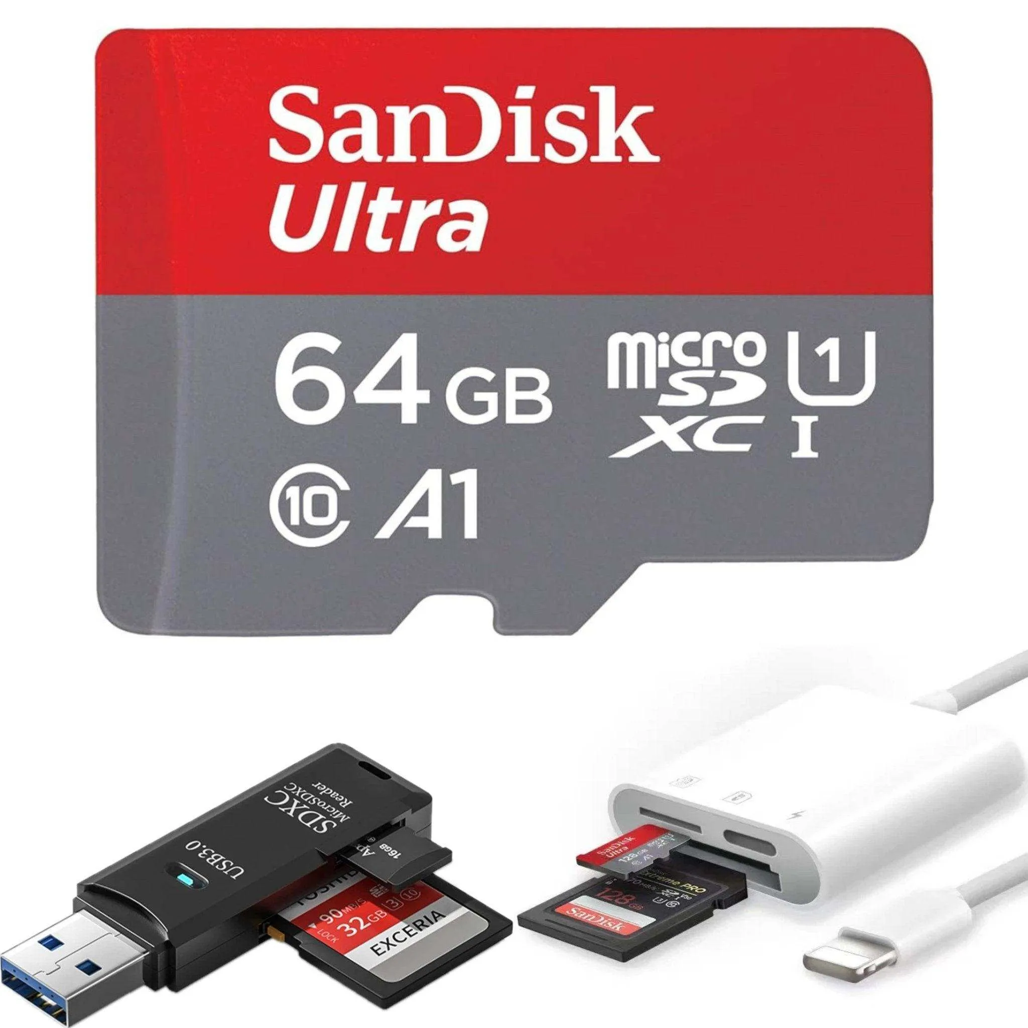 TUTT 3 in 1 | SanDisk 64/128/256/512GB 1TB Ultra microSDXC MicroSD Memory Card Up to 120MB/s, Full HD A1   Lightning to SD Card iPhone iPad   2-in-1 SD Card Reader USB3.0 5Gbps