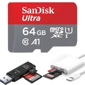 TUTT 3 in 1 | SanDisk 64/128/256/512GB 1TB Ultra microSDXC MicroSD Memory Card Up to 120MB/s, Full HD A1   Lightning to SD Card iPhone iPad   2-in-1 SD Card Reader USB3.0 5Gbps
