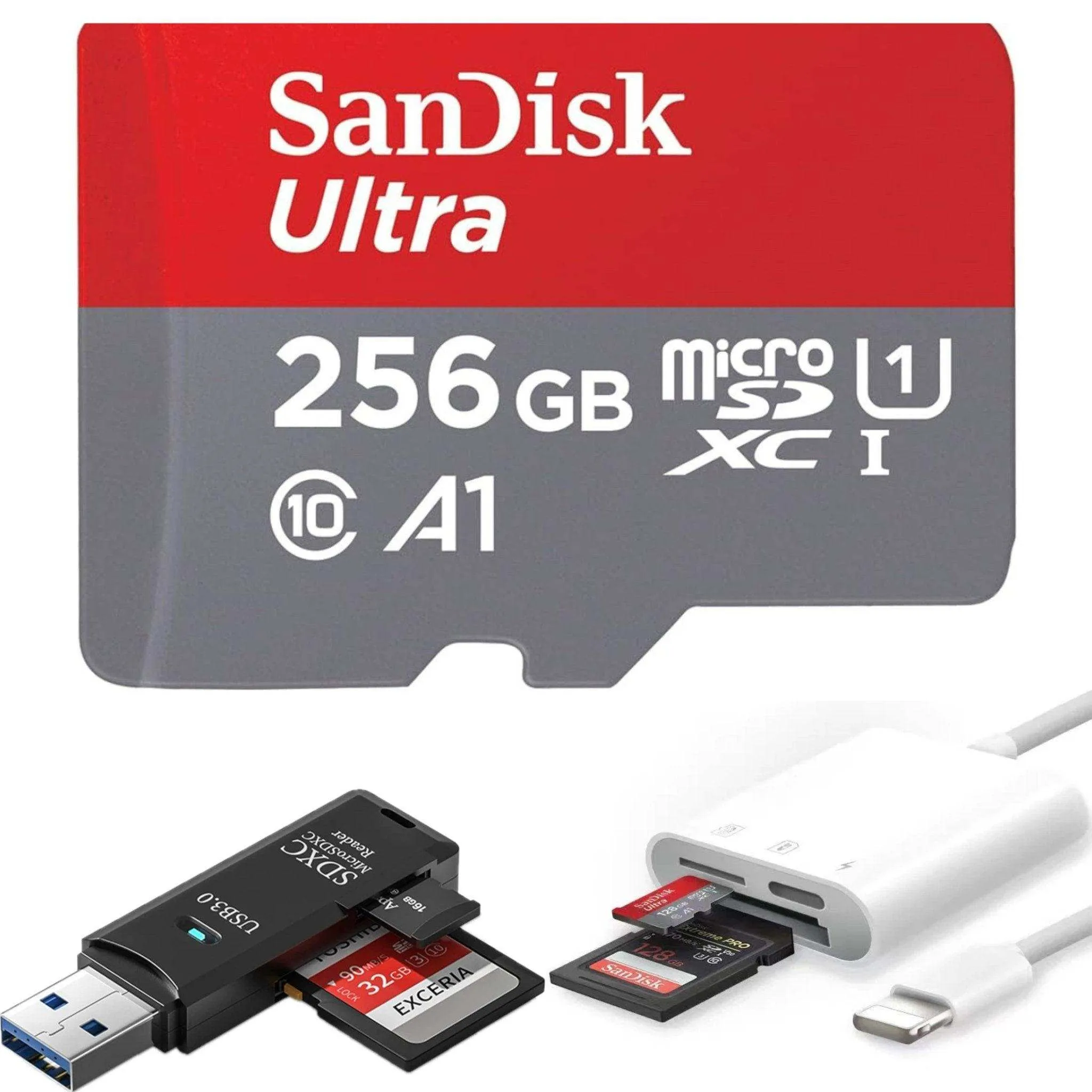 TUTT 3 in 1 | SanDisk 64/128/256/512GB 1TB Ultra microSDXC MicroSD Memory Card Up to 120MB/s, Full HD A1   Lightning to SD Card iPhone iPad   2-in-1 SD Card Reader USB3.0 5Gbps