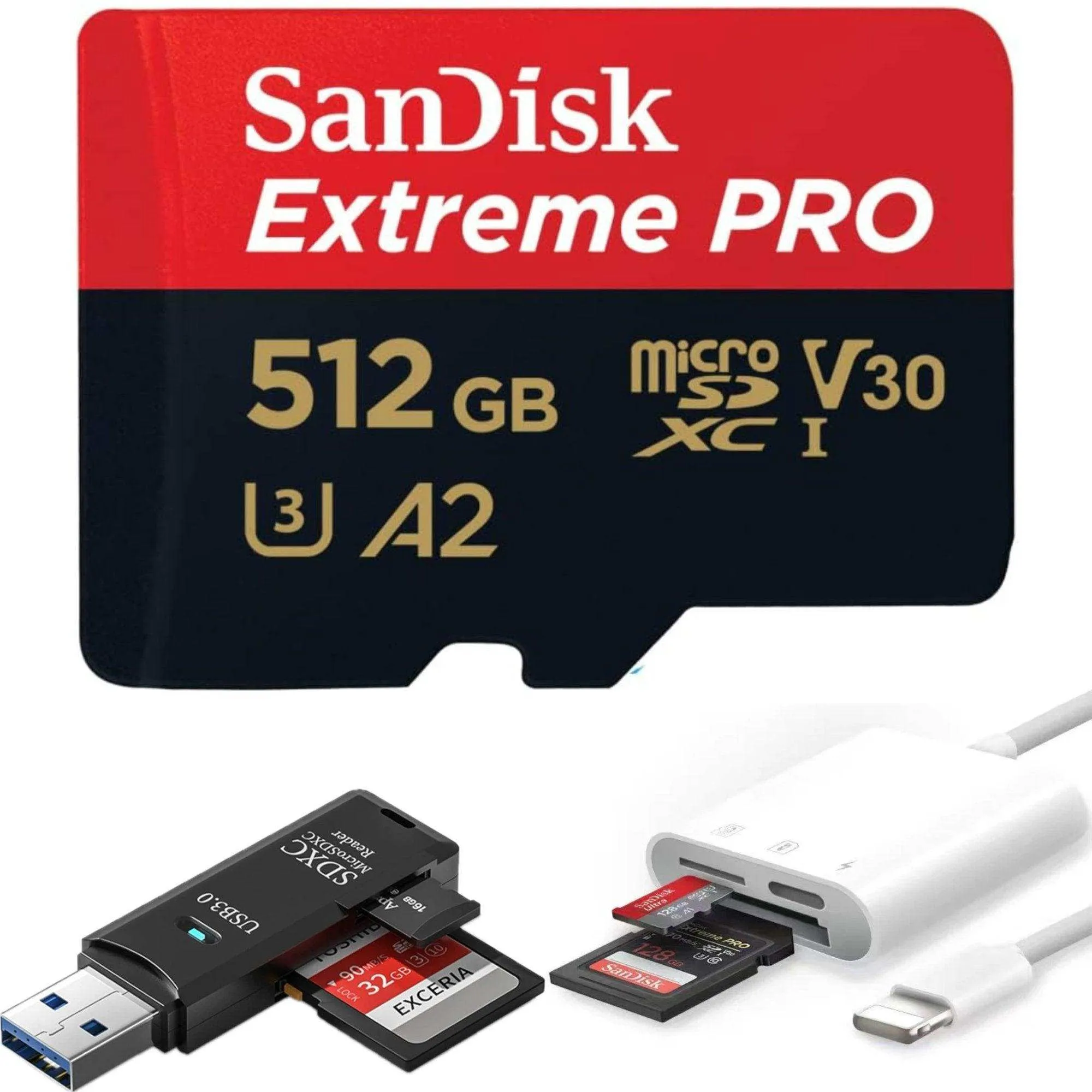 TUTT 3 in 1 | SanDisk 64/128/256/512GB 1TB Ultra microSDXC MicroSD Memory Card Up to 120MB/s, Full HD A1   Lightning to SD Card iPhone iPad   2-in-1 SD Card Reader USB3.0 5Gbps