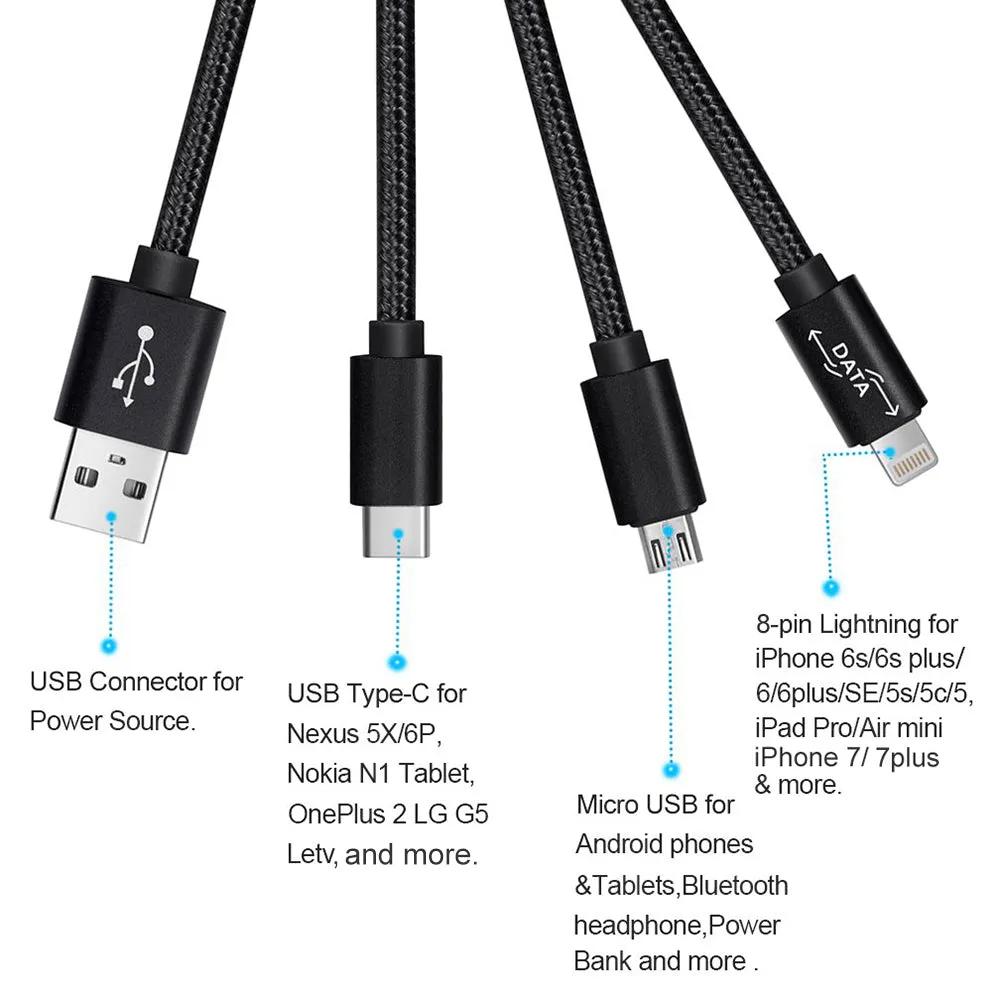 Universal 3 in 1 USB Braided Round Charging and Data Cable 5Ft (Pink or Black)