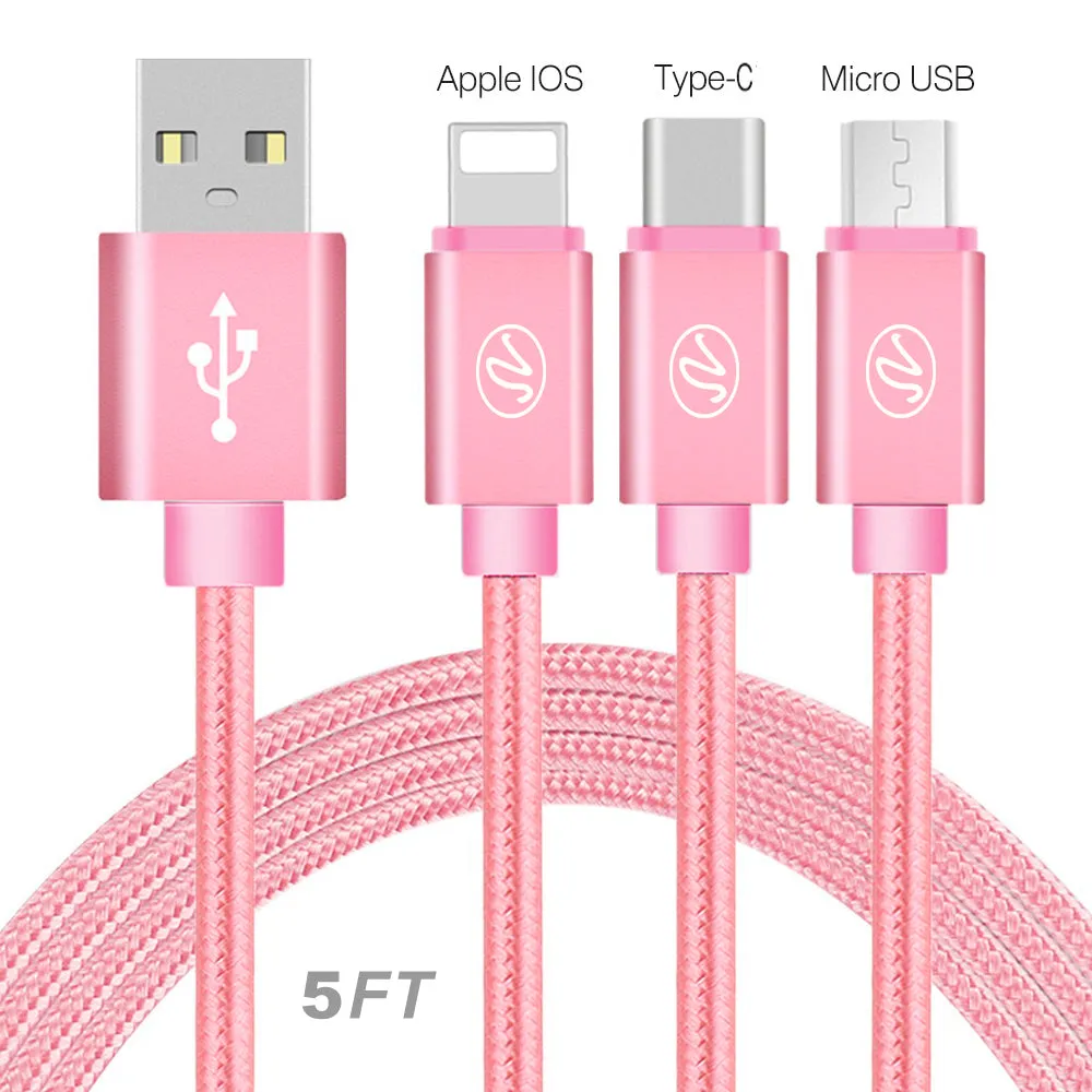 Universal 3 in 1 USB Braided Round Charging and Data Cable 5Ft (Pink or Black)