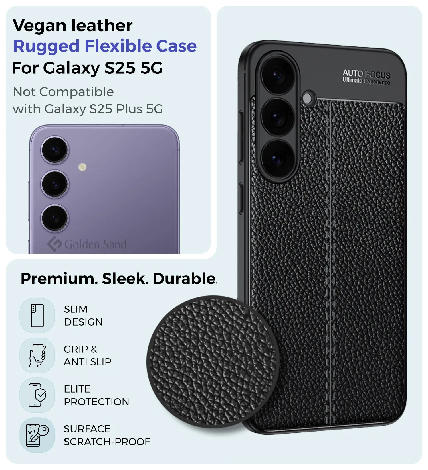 Vegan Leather Rugged Flexible TPU Series Shockproof Armor Back Cover for Samsung Galaxy S25 5G, 6.2 inch, Black