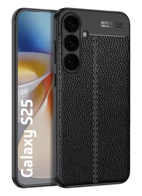 Vegan Leather Rugged Flexible TPU Series Shockproof Armor Back Cover for Samsung Galaxy S25 5G, 6.2 inch, Black