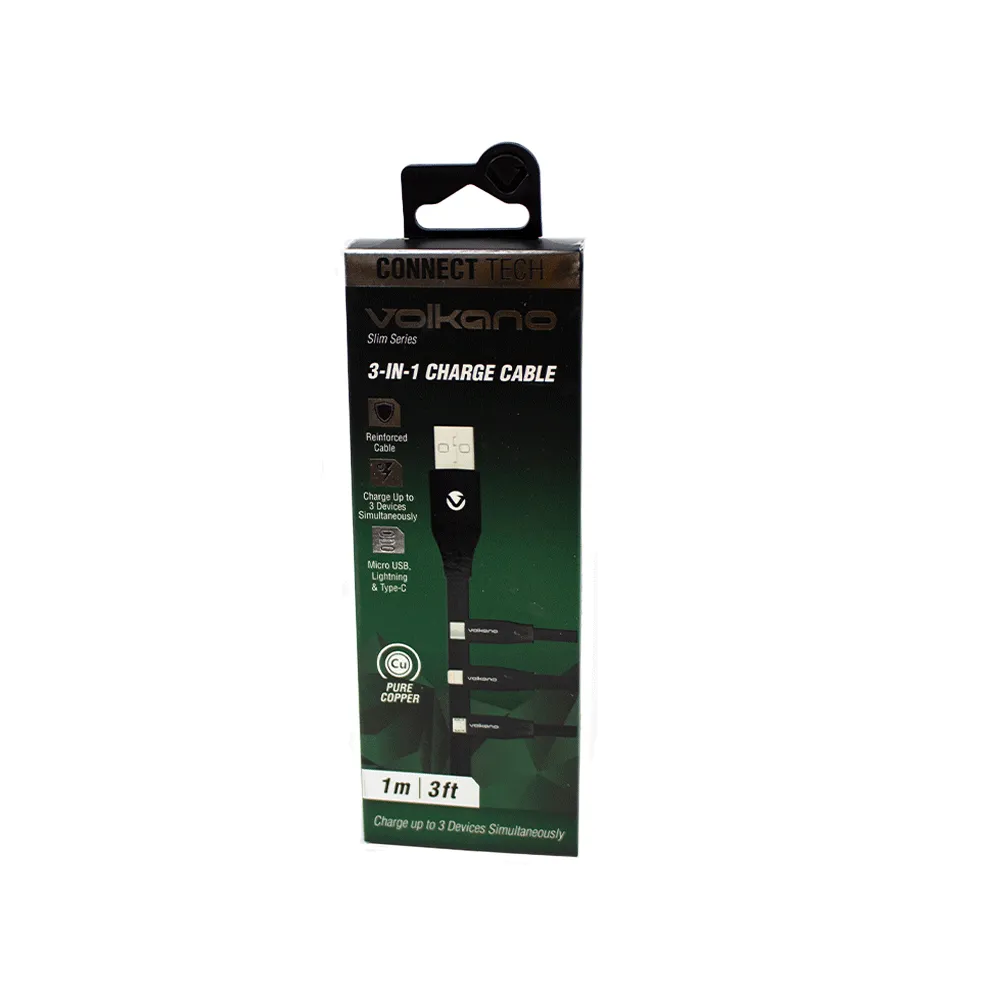VK-20086-BK Volkano Slim Series Flat PVC 3 in 1 (Type-C / Lightning / Micro) Cable 1m - Black