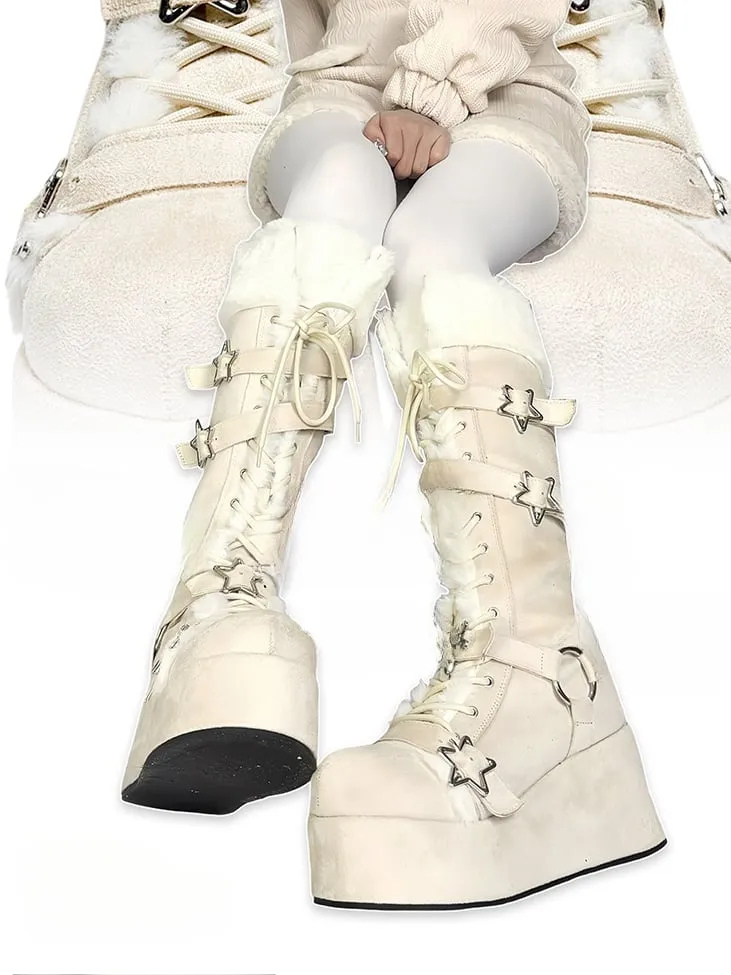 Y2K Creamy White Star Buckle Straps Plush Trim Platform Boots